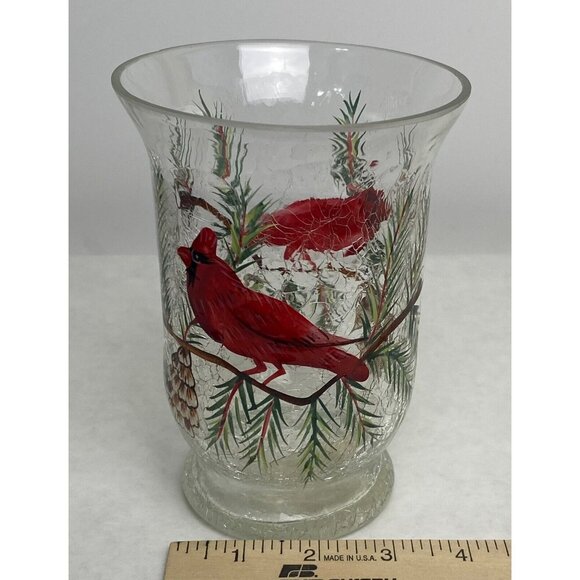 Celebrations Hand-Painted Crackle Glass Vase Red Cardinal Candle Holder 6 Inches - Picture 9 of 9